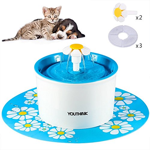 YOUTHINK Bebedero Automático Silencio con 3 Filtros 2 Margaritas 1 Alfombra Fuente de Agua con 1.6L Circulante para Perros/Gatos Dispensador (con Alfombra)