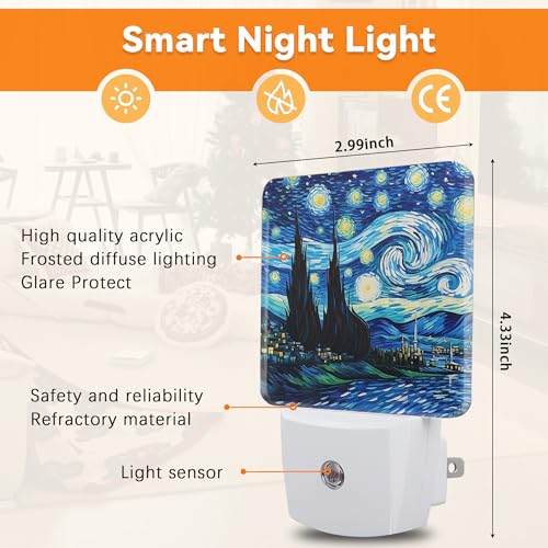 Image of Van Gogh Starry Night Night Lights Plug into Wall Decorative Night Light Dusk to Dawn LED Lamp for Bedroom Bathroom Living Room