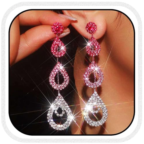 Catery Long Rhinestone Earrings Pageant Earrings Dangling for Women Wedding (Hot Pink)