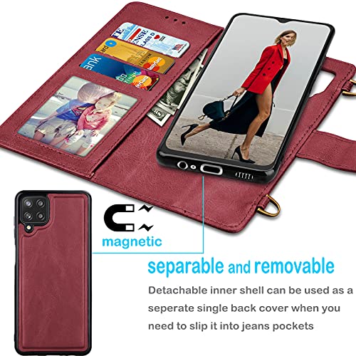 Tekcoo Galaxy A12 / Galaxy A12 5G Wallet Case, Crossbody Shoulder Carrying Purse Cover Rfid Blocking Card Slots Holder Flip Pu Leather Strap [Detachable Magnetic Hard Case] For Samsung A12 [Wine Red] #TOP4