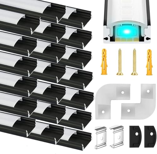 20 stuks LED aluminium profiel zwart, hoekprofiel kanaal zwart profiel met melkachtige witte afdekking, eindkappen, montageclips en 90 graden hoekverbindingen voor LED-strips verlichting diffuser