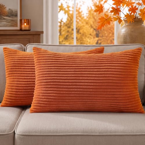 Image of Mecatny Corduroy Fall Throw Pillow Covers 12x20 Set of 2 Burnt Orange