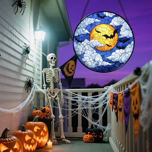 Image of Stained Glass Window Hanging - Halloween Decorations Bats Moon Clouds Suncatcher for Doors Garden Indoor Spooky Funny Sun Catchers Gothic Decor Horror Gifts for Women Men Friend 9.8 in