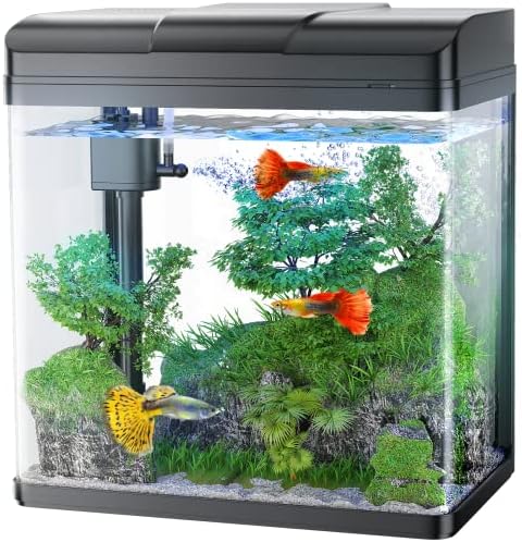 PONDON Fish Tank, 1.7 Gallon Glass Aquarium with Air Pump & LED Light & Filter, Small Fish Tank for Betta Fish Starter Kit (Black)