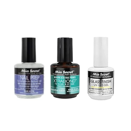 Mia Secret Nail Prep 0.5 oz (NP-30), Xtrabond Primer 0.5 oz (PR100), Gel UV-LED con acabado de vidrio 0.5 oz (FG-6S)