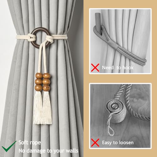Pretty Jolly 4 Pack Natural Cotton Rope Curtain Tiebacks Boho Style Decorative Drape Tie Backs Elegant Hand Woven Rope Curtain Holdbacks with Wooden Ring for Home & Office Window Drapery (T-Coffee) - Image 2