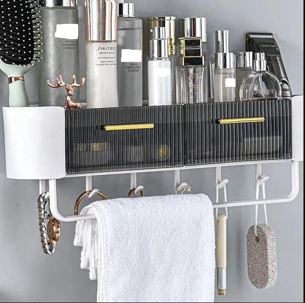 Furret Floating Shelves Punch-free Storage Rack With Towel Bar Bathroom Shelf With Hooks, Two Drawer Organizer For Bathroom Household Bath Accessories Shower Caddy (B0CP9L3555) Amazon Price History, Amazon Price Tracker