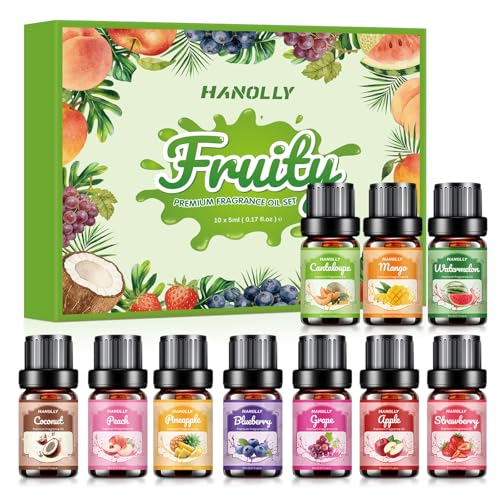 Hanolly Fruchtiges Ätherische Öle Set 10 x 5ml Duftöle für Diffuser Kerzen - Erdbeere Heidelbeere Äpfel Trauben Ananas Pfirsiche Kokosnuss Wassermelonen Mangos Cantaloupe