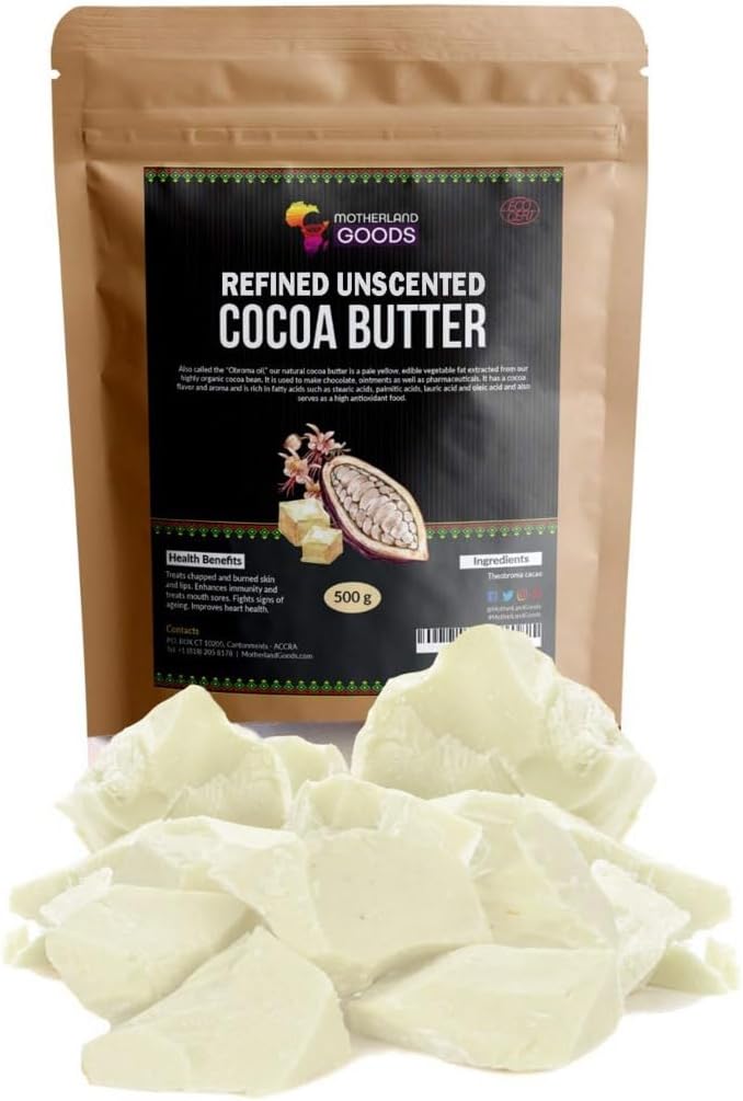 Motherland Goods Deodorized Cocoa Butter in Chunks – Refined Cocoa Unscented From Ghana – Organic Body Moisturizer For Sensitive Skin Anti Aging Scars And For Projects