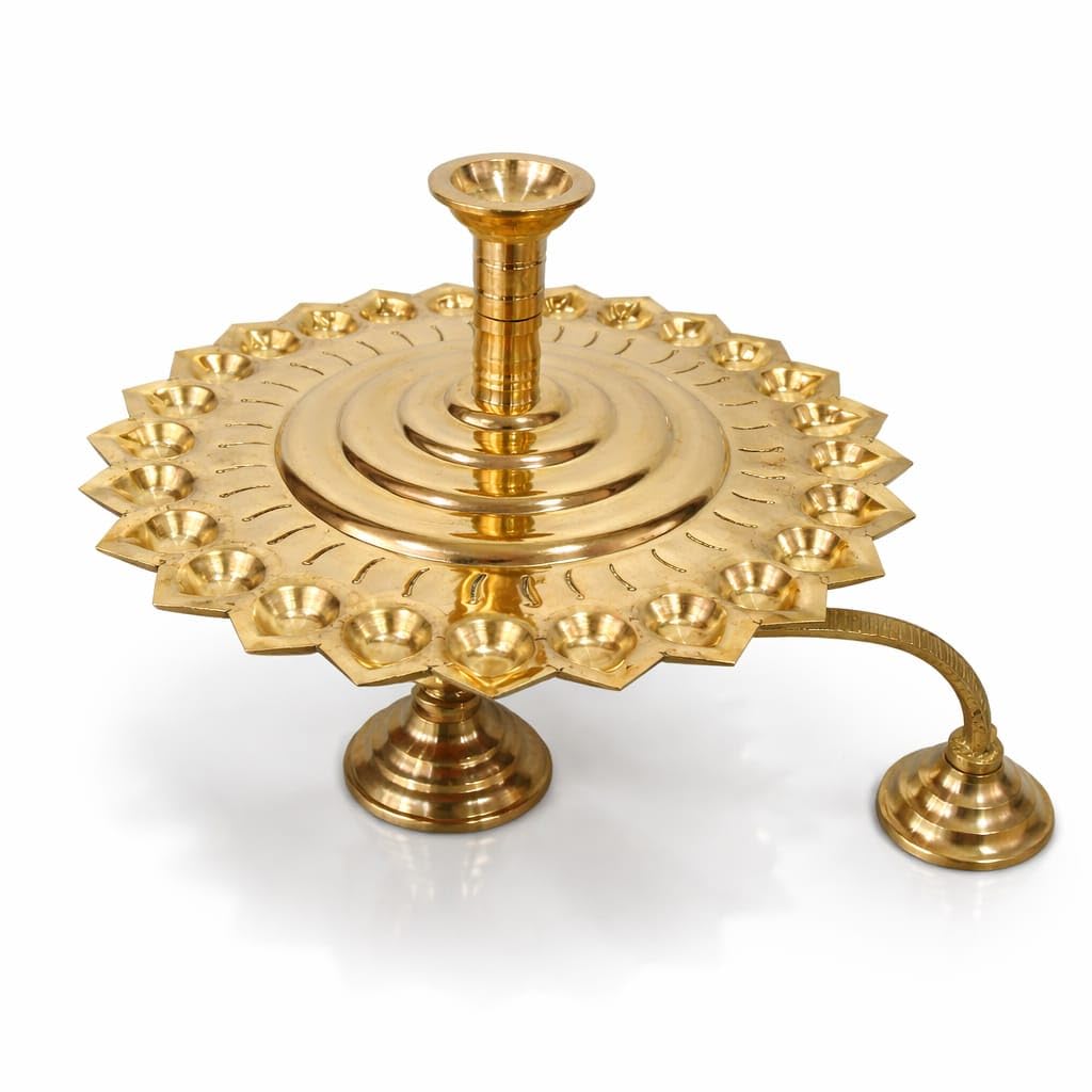 Brass Nakshatra Harathi Lamp – 8 Inch Height, 11 Inch Length | Traditional 27 Wick Aarti Deepam | 0.815 Kg | Pooja & Temple Use-image-38
