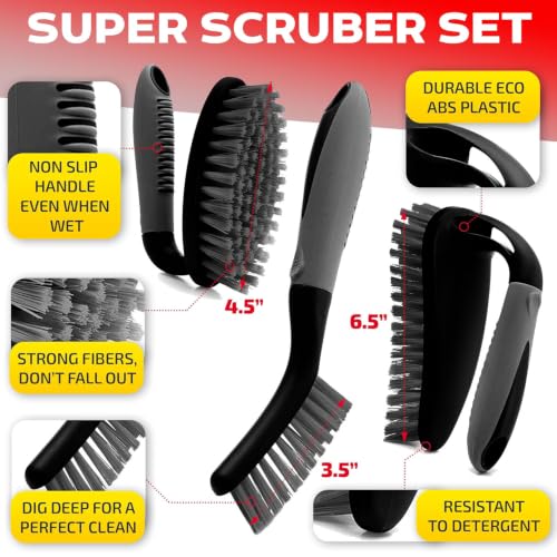 Image of KROYWEN Scrub Brush Set of 3pcs-Cleaning Shower Scrubber with Ergonomic Handle and Durable Bristles - Grout Cleaner Brush-Scrub Brushes for Cleaning, Bathroom /Shower /Tile /Kitchen /Floor /Bathtub /Carpet