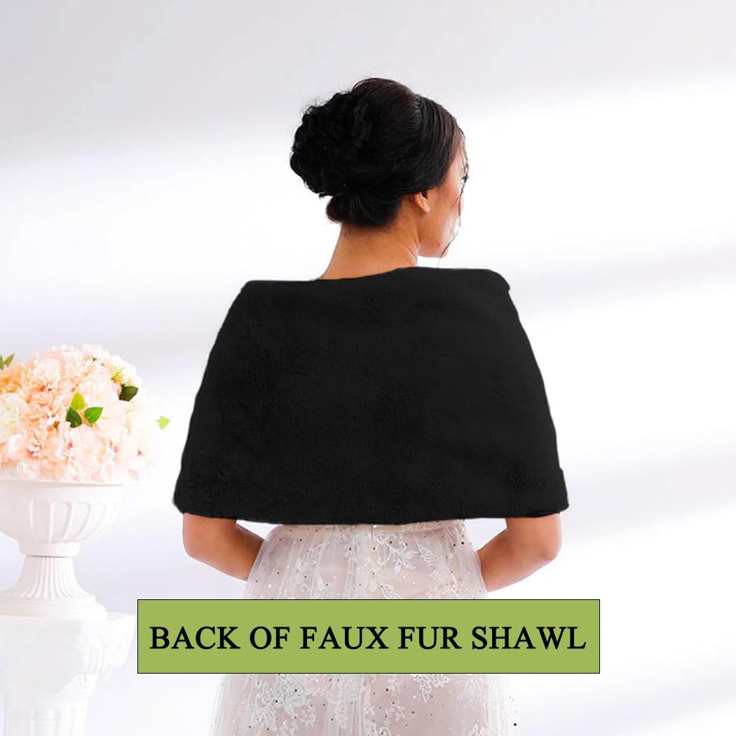 Women’s Faux Fur Shawl and Wraps Bridal Wedding Fur Stole With Rhinestone Brooch for Bride and Bridesmaids - Image 3