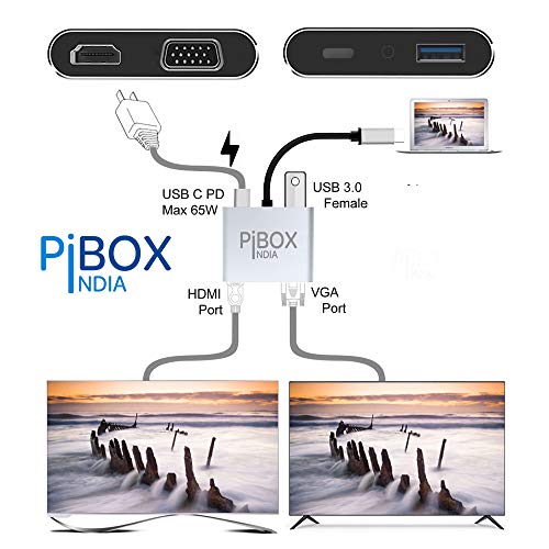 Image of PiBOX India, USB C to HDMI VGA USB Adapter, Aluminium Type C USB hub 3.1 to HDMI 4K /VGA /USB 3.0 /USB C Converter Cable Charging Port Adapter Cable for Mac, Compatible Samsung Galaxy /Samsung Note