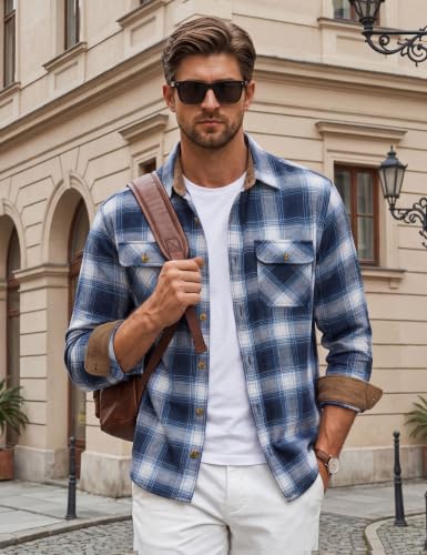 Image of Cotrasen Mens Flannel Shirts Cotton Plaid Button Down Shirt | Long Sleeve, Corduroy Collared, Soft,Breathable, Work, Western, Trendy, Casual Classic Flannel Shirt with Pocket