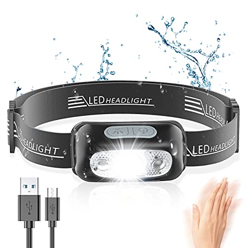 Glangeh Lampe Frontale, Lampe Frontale LED Puissante avec Capteur Mouvement, IPX6 Étanche, 4 Modes d'Eclairage, Rechargeable USB Frontale Professionnel pour Camping, Randonnée, Course, Cyclisme(Gray) Cover