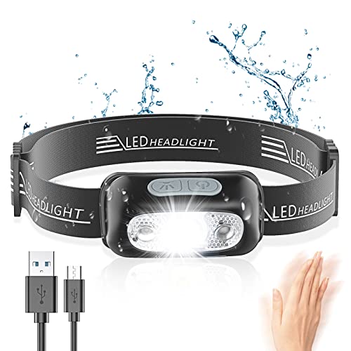 Glangeh Linterna Frontal, Impermeable IPX6 Frontal LED Recargable USB 4 Modes de Luz con Sensor, 500 Lúmenes Linterna Cabeza 1200mAh con Ajustable Ángulo & Correa para Camping Correr Pesca Ciclismo