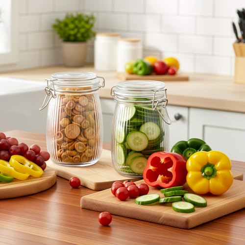 Image of 32 oz Glass Mason Jars with Airtight Lid 6 Pack, Wide Mouth Striped Canning Jars with Clip Top Lids for Kitchen Storage Pickling Snack, Nut, Candy, Salad Jams Coffee Beans