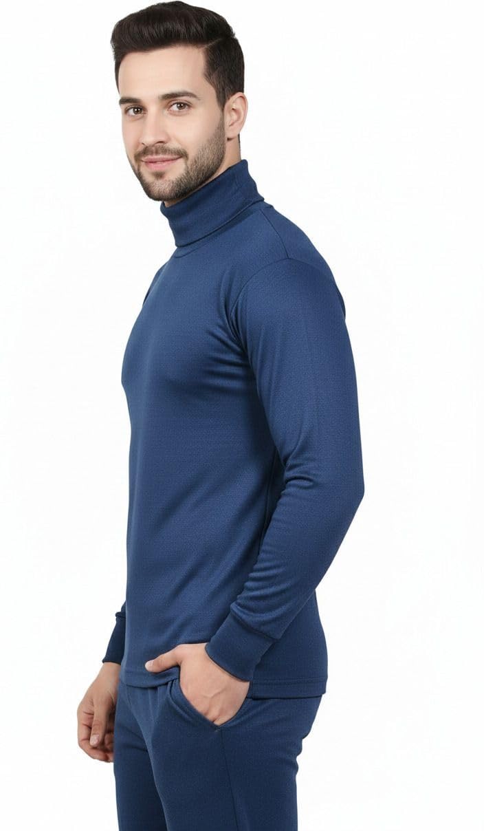 Men's High Neck Thermal Top Size 90 Blue Cotton Blend Winter Innerwear, Stretch Ribbed Warm Thermal Shirt-image-18