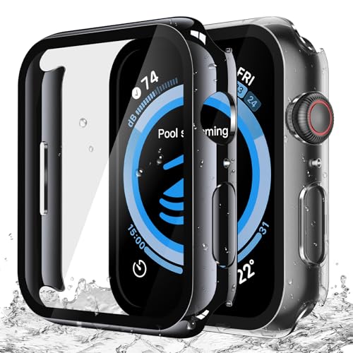 Image of Misxi [2 Pack] Waterproof Hard Case with Tempered Glass Compatible with Apple Watch SE 3 (2025) SE 2 SE Series 6 Series 5 Series 4 40mm, Cover for iWatch Screen Protector, 1 Jet Black + 1 Transparent