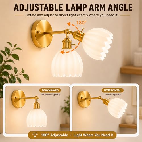 Image of 1-Light Gold Brass Bathroom Light Fixture,Wall Sconces set of 2,Brushed Gold Vanlity Light Over Mirror,Bathroom Vanity Light with White Tulip Glass Flower Shade,E26 Socket(Bulbs Not Included)