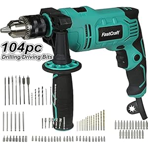 Impact Drill Driver w 104pc Bits FastCraft Hammer Drill 9A PEAK POWER 1/2″ Chuck 0-2800RPM Dual Switch 360° Rotating Handle – All Industrial & PRO Grade