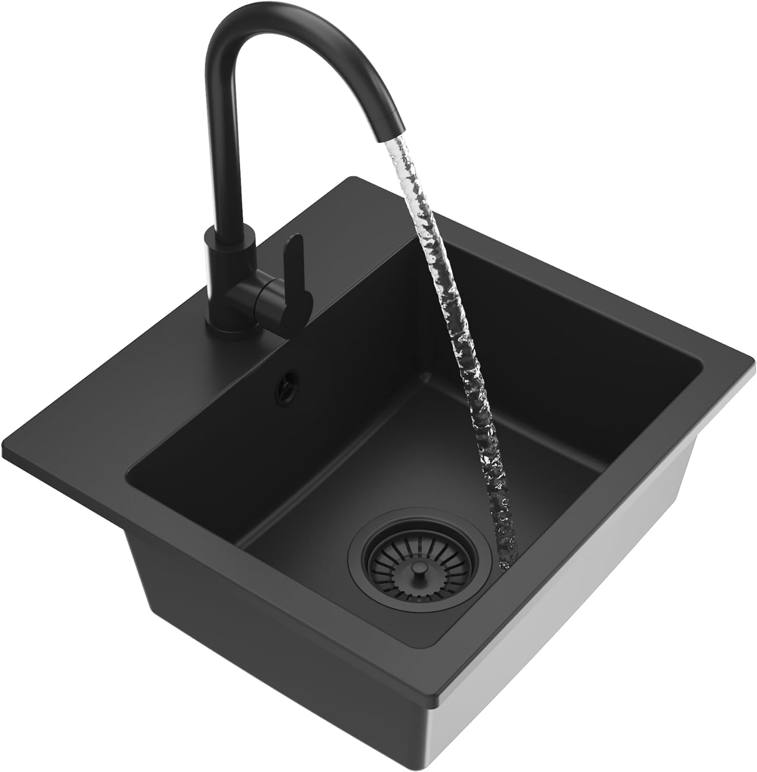 Granitan Jet Black With Kitchen Faucet Milos Sink, 44.5 X 41.5 Cm, Sink For Kitchen With Kitchen Tap, Granite Sink With Two Holes, Built-In Sink With Siphon, Jet Black (Also Black Siphon)