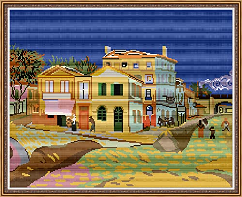 Image of Amiiba Stamped Cross Stitch Kits, The Yellow House (The Street) DIY 11CT 23.6x19.2 inch (Van Gogh)