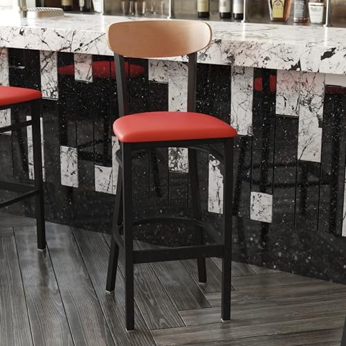 Image of Flash Furniture Wright Commercial Barstool - Natural Birch Finish Wood Boomerang Back - Red Vinyl Seat - 500 LB. Capacity Black Steel Frame - Integrated Footrest