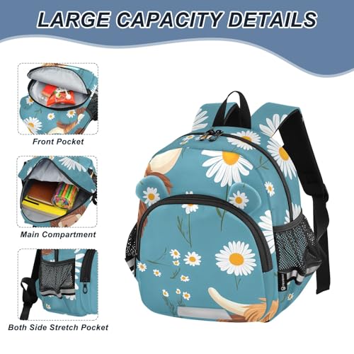 Kid's Backpack for Boys & Girls Toddler Bag Highland Cattle Daisy Pattern Backpack with Safety Leash4