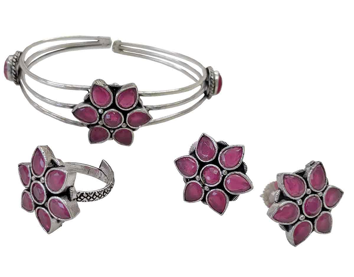 Fuschianet German Silver Stone Cuff Earrings Ring Set for Girls and Women (Ruby Pink) (B09GNFYDFR) Amazon Price History, Amazon Price Tracker