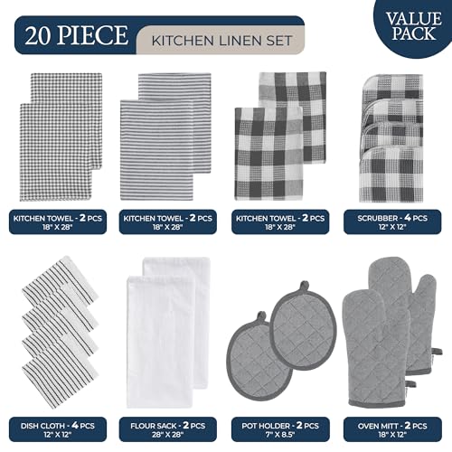 Image of LANE LINEN Kitchen Towels and Oven Mitt Set 20 Pc - Lint Free Cotton Dish Towels for Kitchen Drying, Cozy Terry Dish Rags, Flour Sack Towels for Sourdough Bread Proofing & Quilted Pot Holders - Grey