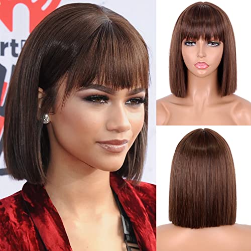 MERISIHAIR Short Brown Bob Wig with Bangs,Short Straight Wigs for Women,Synthetic Brown Short Wig Natural Looking for Daily Use(Brown)