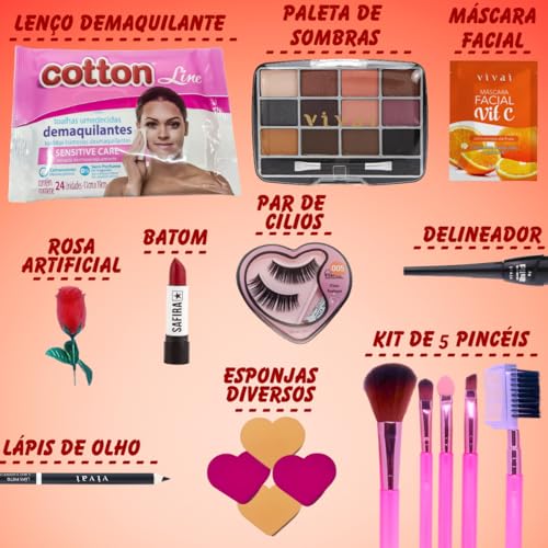 Kit de Maquiagem Completo com 9 Itens Paleta de Sombras Pincéis Batom Delineador Cílios Acessórios C