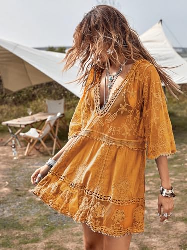 Image of Eomenie Women's Contrast Lace Bathing Suit Cover Up V-Neck Swimsuit Coverups Loose Swimwear Beach Dress Beachwear