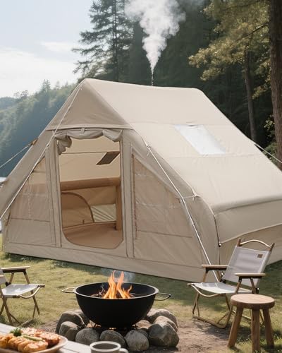 Inflatable Tents for Camping 4-6 Person,Blow Up Tent with Hand Pump, Easy Setup Inflatable Hot Tent with Stove Jack & Mesh Windows, Waterproof 300D Oxford Air Glamping Tents for Camping Adults