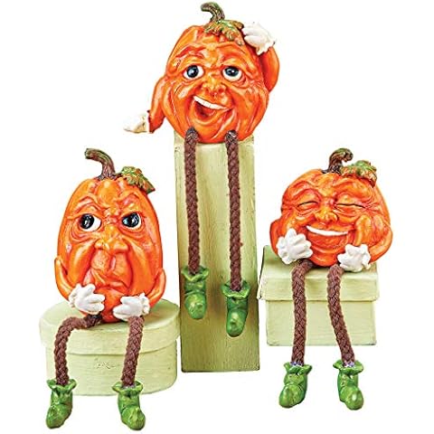 Hand Painted Expressive Pumpkin Sitters - Set of 3 | for Window Sill, Countertop, Bookshelf | Detailed Expressions | Dangling Legs | Resin, Polyester Cover