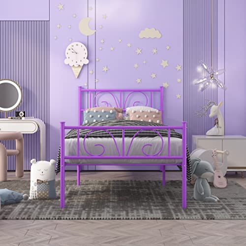 Purple Twin Beds For Girls/Teen Twin Bed Frames No Box Spring Need Twin Bed Mattress Foundation With Headboard Single Metal Platform Bed Frame #TOP1