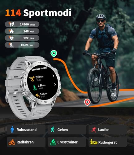 Smartwatch Herren Militär mit 1000mAh Großer Akku/1.7''Großes Display/Telefonfunktion/LED Taschenlampe… – Ansicht 6