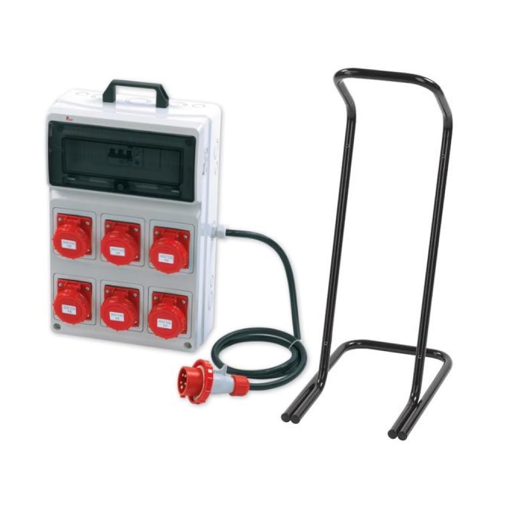Quadro ASC portatile, 9KW 400V, IP65, 6 prese 3P+T 16A, spina 3P+T 16A, con magnetotermico differenziale, pulsante di emergenza e cavalletto - Rosi 2285C