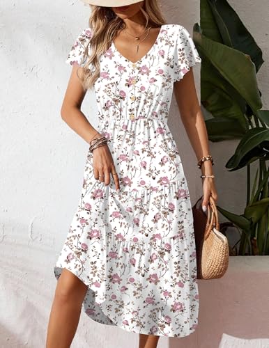 Image of Zeagoo Women's Summer Casual Dress Flutter Short Sleeve V Neck Button Down Tiered Flowy Long Dress with Pockets