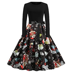 NJGRAE Robe Femme Ete Jupe Pantalon Homme Ladies Vintage Dress Long Sleeve Noel imprimé Knee-Length 1950 Housewife Evening Party Robe de Bal