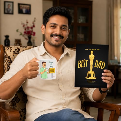 Image of Party Propz Happy Fathers Day Mug and Greeting Card Kit - 2 Pcs Coffee Mug for Dad with Best Dad Oscar Card, Papa ka Mug, Best Dad Gifts, Fathers Day Gift, Gifts for Papa (Cardstock, Ceramic)