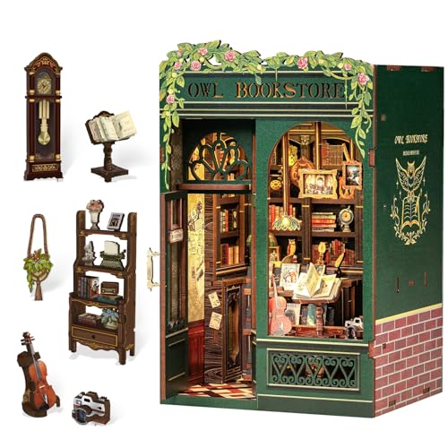 Fsolis Book Nook Kits for Adults, 3D Wooden Puzzles Book Nook, Diy Miniature House Kit Bookshelf Decor Tiny House Model Kits Gifts for Friend (Owl Bookstore)