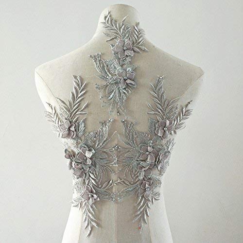 beaded flower sequence lace applique motif sewing bridal wedding 3in1 A5 3D (Silver)
