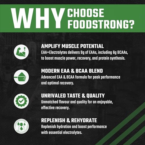 Image of Foodstrong EAA 9000 with Hydrating Electrolytes, Raw Mango Flavour, 9g Essential Amino Acids (EAA) & 6g BCAA Per Serving - Supports Muscle Recovery & Rehydration - 300g, 25 Servings