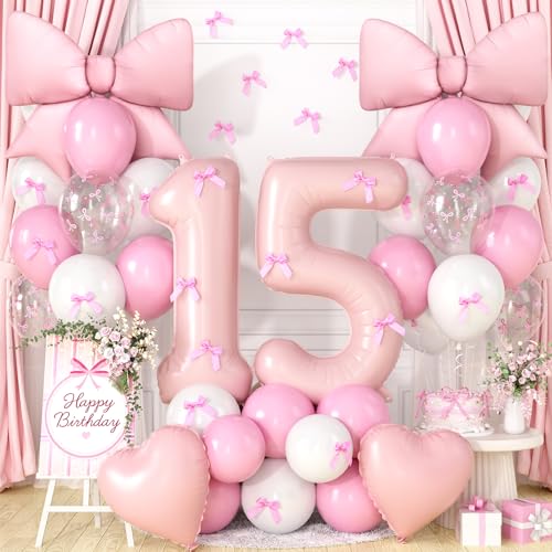 Image of 15th Birthday Decorations for Girls,Pink Bow Balloons for Party Decorations | 15 Number Balloon,Pink White Latex Balloons,Bow Print Balloons,Heart Balloons,15 year old girl birthday decorations
