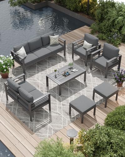 Image of AECOJOY Aluminum Patio Furniture Set, 9 Seats Modern Outdoor Furniture with Coffee Table, 7 Pieces Metal Conversation Sectional Sofa, Dark Gray