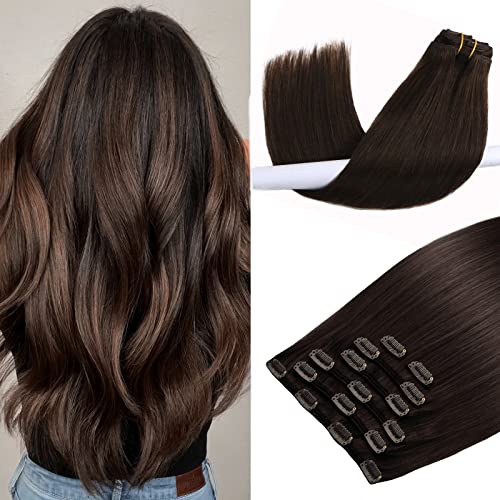 Clip in Hair Extensions Human Hair, Dark Brown 18inch 70g 7pcs Remy Clip in Human Hair, Straight Skin Weft Real Natural Hair Extensions