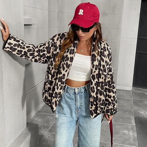Womens Quilted Jacket Leopard Print Cropped Puffer Jacket Vintage Open Front Short Jacket Coat4
