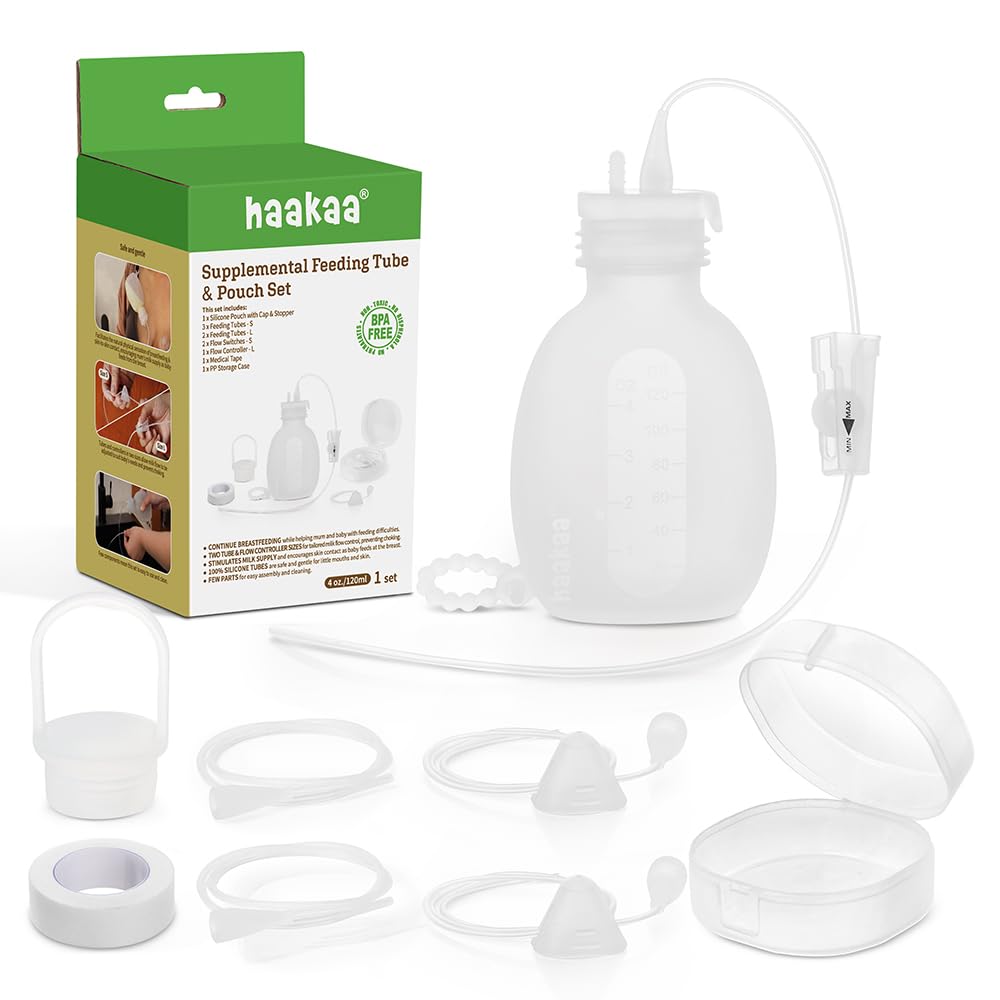 haakaa Set di Tubo di Alimentazione Supplementare e Sacca, Sistema di Allattamento Supplementare per Bambini, SNS Breastfeeding System, Silicone per Alimenti